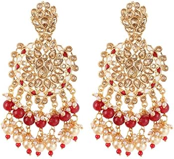 Efulgenz Indian Earrings for Women Indian Bollywood Faux Pearl Crystal Kundan Rhinestone Wedding Bridal Chandelier Long Earrings Jewelry Set