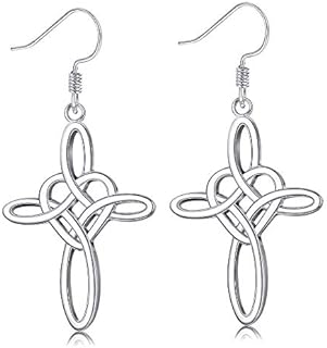Sllaiss Sterling Silver Celtic Knot Cross Dangle Earrings White Gold Plated Good Luck Vintage Cross Drop Earrings Irish Jewelry