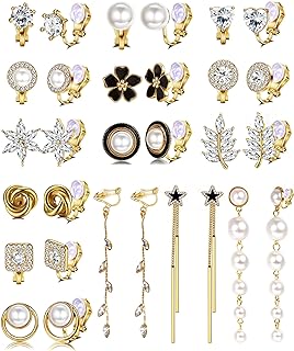 SAILIMUE 13/15Pairs Gold Clip On Earrings for Women Girls Cubic Zirconia Simulated Pearl Leaf Flower Drop Dangle Clip Earrings Hypoallergenic Non Piercing Fake Clip On Earrings Jewelry Set