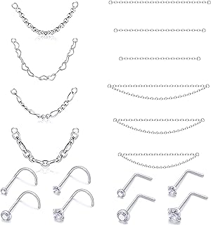 Oicctyzio Nose Rings Chain Studs Piercings Jewelry 22/20/18G for Women Men Surgical Steel Double Chains Corkscrew l Shaped Bar Hypoallergenic