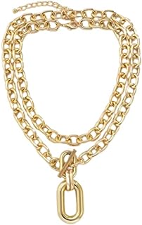 tenghong2021 Layered Chunky Chain Choker Toggle Clasp Necklace Punk Rectangle Oval Pendant Carabiner Necklace for Women