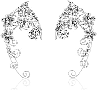 Elven Ear Cuffs for Women, Handmade Elf Fairy Earrings Cuff Wrap Clip-on Filigree Earrings for Fantasy Fairy Halloween Costume, Cosplay, Wedding, Handcraft (Silver)