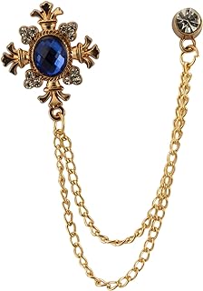 Knighthood Royal Blue Shimmer Stone with Rose Gold Engraving Hanging Chain Crystal Brooch Suit Stud Lapel Pin Vintage Rhinestone Wedding Brooch Pin