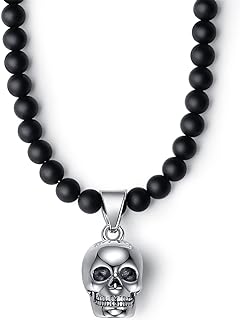 Matte Onyx Beads Stainless Steel Skull Pendant Necklace for Men Boys 24" + 2"