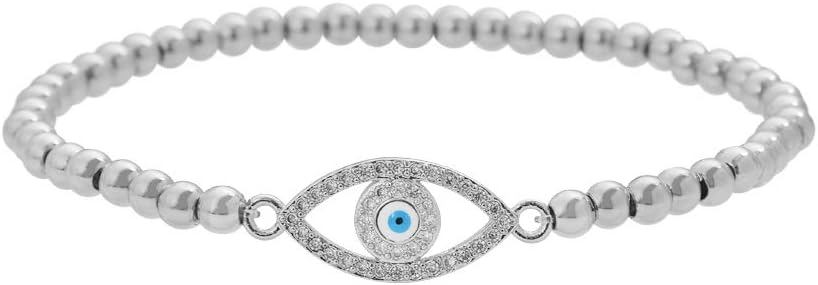 Lobster Claw Clasp Stainless Steel Bead Chain Bracelet with Cubic Zirconia for Women, Evil Eye Design