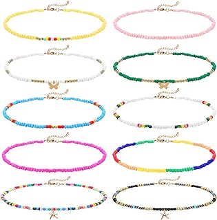 Honsny 10 Pieces Boho Beaded Choker Necklace for Women Girls, Colorful Seed Bead Necklaces Summer Necklace Jewelry
