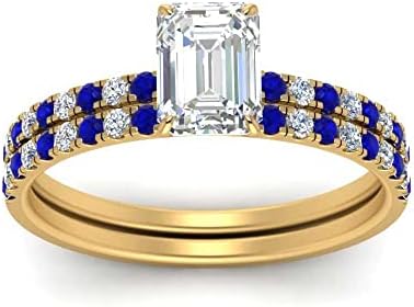 Customizable Yellow-Gold-Plated Engagement Ring Set with Created Sapphire Gemstone in Emerald Shape for Your Loved One