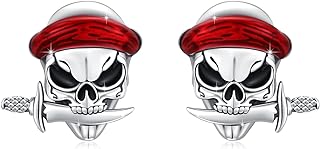 Clip-On Pirate Skull Stud Earrings with Push Back, Sterling Silver Moonstone Gothic Jewelry, Unisex Red Enamel Headband Design, Perfect Gift for Men & Women