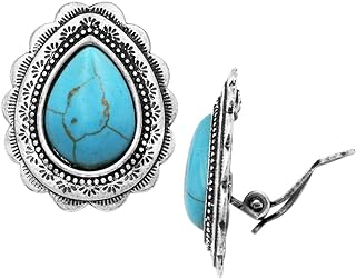 Rosemarie & Jubalee Women's Statement Western Style Natural Howlite Teardrop Cowgirl Clip On Style Earrings, 1.12"