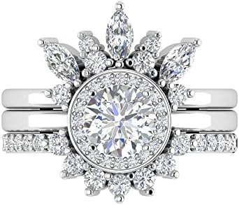 TwoBirch Sterling Silver Cubic Zirconia Delicate Floral Tiara Design Border Ring Guard Round Halo Engagement Ring CZ Duo Stackable Ring Set