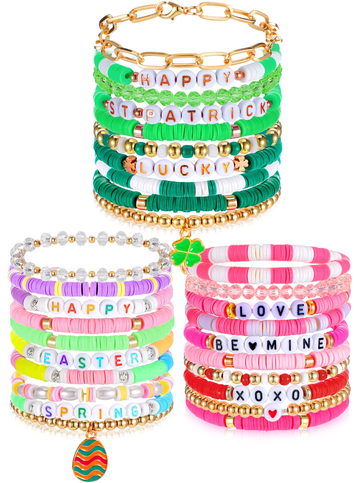 Batiyeer 30 Pcs St Patrick's Day Bracelets Bulk Green Clover Surfer Heishi Bracelets Set Lucky Easter Preppy Layering Beaded Clay Stretch Bracelets for Women Girls Party Decor Gift