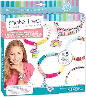 Make It Real - Summer Vibes Heishi Bead Bracelets - DIY Charm Bracelet Making Kit with Case - Friendship Bracelet Kit with Beads, Charms & Thread - Arts & Crafts Bead Kit for Girls - Makes 5 Bracelets