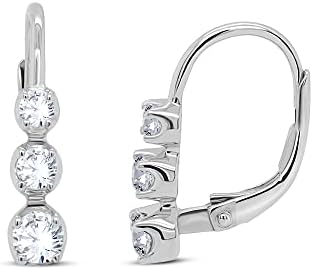 Round Shape Sparkling White Cubic Zirconia Three Stone Prong Set Hoop Earrings with Leaver Back In 14K White Gold Plated Sterling Silver Gift for Moms (Color D, Clarity VVS1)