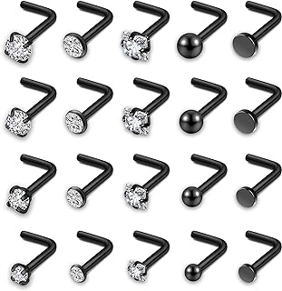 Hypoallergenic Stainless Steel Cubic Zirconia Nose Ring Stud, 20Pcs Set in Black, Perfect for Women & Men, L Shape Bone Screw Design