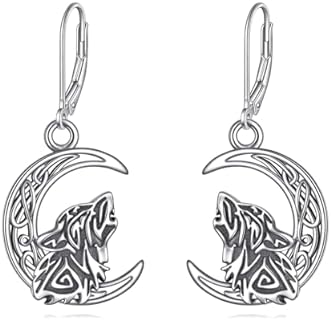 Lever Back Sterling Silver Moon Dangle Earrings - Gothic Punk Wolf Celtic Design - Ideal for Men & Women - Retro Viking Inspired Jewelry