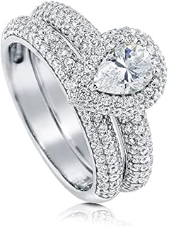 BERRICLE Rhodium-Plated Sterling Silver Engagement Ring Set with Pear Cut Cubic Zirconia Halo Design - Women's Sizes 4-10