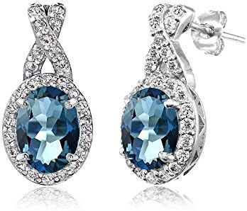 Sterling Silver Genuine, Created or Simulated Gemstone & White Topaz Oval and X Drop Earrings for Women