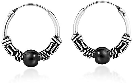 Unisex Balinese-Style Black Beaded Hoop Earrings in .925 Sterling Silver - 15mm