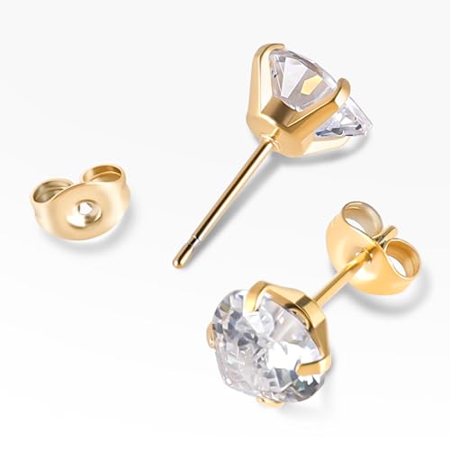 6 Pairs Surgical Stainless Steel Screw back Stud Earrings, 18K Gold Plated Heart Star Square Princess Cut Round Cubic Zirconia CZ Stud Earrings Set