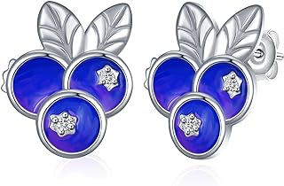 925 Sterling Silver Blueberry Stud Earrings with Zircon Gems & Push Back Design - Alluring Fruit Jewelry Gift for Women & Girls