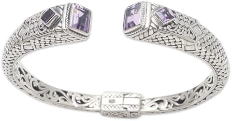 NOVICA Artisan Handmade Amethyst Cuff Bracelet Weave Pattern from Bali Sterling Silver Indonesia Birthstone Gemstone [6.25 in L (end to End) x 0.4 in W] ' Lavender Palace'