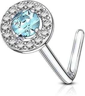 Forbidden Body Jewelry 20g Surgical Steel Fancy Double Tired Big 6mm CZ Halo L Shaped Nose Ring