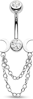 CM Crareesi Mania Moon Phase Belly Button Rings Double Chain Belly Rings 316L Stainless Steel Belly Button Piercing Jewelry 14Gauge Belly Ring for Women