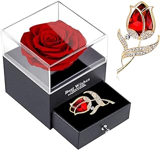 Preserved Red Rose Gift Box- Enchanted Real Rose with Ruby Rose brooch, Eternal Rose Flower in Jewelry Box, Handmade Rose,Forever Red Rose Gift for her On Christmas Mother's Day, Anniversary.