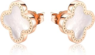 Four Leaf Clover Earrings for Women 18K Rose Gold Plated Stainless Steel Lucky 4 Leaf Ear Studs Jewelry Gift for Mother and Daughter (White & Rose Gold)