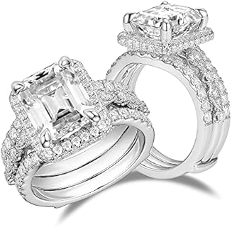 DovEggs Center 5ct 9X11mm G-H-I Color Emerald Cut Moissanite Hidden Halo Engagement Ring Wedding Band with accents 14k Gold Quality Silver Engagement Ring for Women