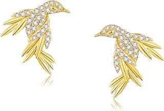 Push-Back 14k Gold Hummingbird Stud Earrings with Moissanite Detail for Women - Elegant Bird Design