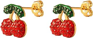 Chic Women's Cherry Stud Earrings with Push-Back Design and Cubic Zirconia Accents in Hypoallergenic Stainless Steel - Fun, Dainty Gift for Teens