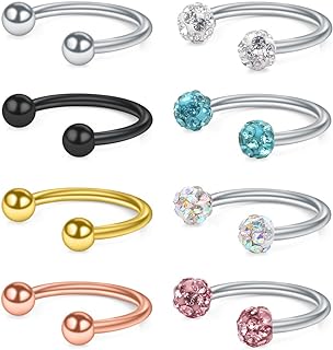 Ruifan 8PCS 20G Crystal Ferido & Shiny Ball Tiny Nose Septum Horseshoe Earring Eyebrow Lip Helix Tragus Cartilage Piercing Ring 8-10mm
