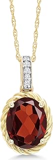 Gem Stone King 10K Yellow Gold Red Garnet and White Diamond Pendant Necklace For Women (1.84 Cttw, Gemstone Birthstone, Oval 9X7MM, with 18 Inch Chain)