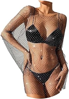 Fstrend Crystal Mesh Body Chains Rhinestone Fishnet Black Crop Top Long Sleeves See Through Bikini