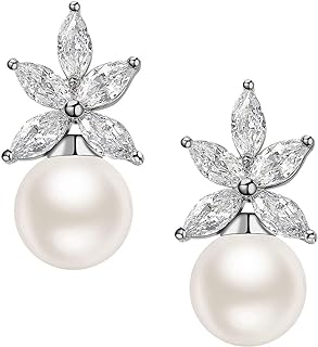 Cubic Zirconia & Pearl Drop Cluster Stud Earrings with Push Back, Ideal for Brides and Bridesmaids, by SWEETV