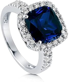 BERRICLE Sterling Silver Halo Simulated Blue Sapphire Cushion Cut Cubic Zirconia CZ Statement Cocktail Fashion Ring for Women, Rhodium Plated Size 4-10