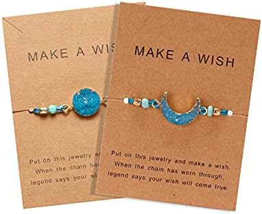 COLORFUL BLING 2pcs Resin Moon Crescent Round Natural Stone Bracelets Set Friendship Hand Woven Braided Stretch String Adjustable for Couples Lovers Personalized Wish Card Jewelry