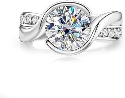 AnuClub Moissanite Engagement Rings 3.4cttw D Color VVS1 Round Cut 925 Sterling Silver Solitaire Twisted Anniversary Rings Bezel Wedding Promise Ring for Women with Certificate