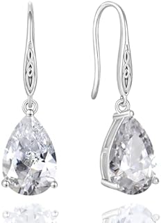 Sparkling Cubic Zirconia Teardrop Earrings for Women - 925 Sterling Silver with Celtic Knot Design, French Wire Back Finding - Elegant Created Diamond Solitaire Dangle Earrings, 8X12mm Gemstone