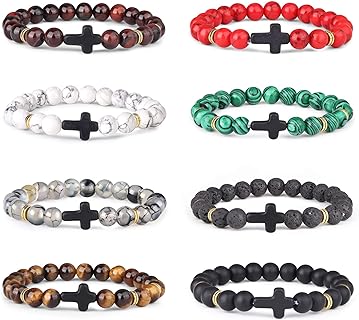 YADOCA 8 Pcs 8MM Beads Bracelet for Men Women Lava Rock Tiger Eye Stone Howlite Natural Stone Stretch Elastic Cross Bracelet Set