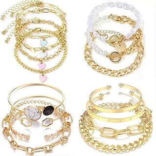 4 PACK (15 PCS) Gold Stackable Chain Bracelets Set For Women,14K Gold Plated Boho Dainty Multiple Layered Stackable Open Cuff Wrap Bangle Adjustable Trendy Paperclip Link Italian Cuban Jewelry For Women