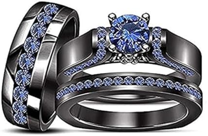 Black Sapphire Sterling Silver Engagement Ring Set with Round-Cut Blue Sapphire for Couples, Wedding/Engagement Trio Ring Design in 14K Black Gold Plated Finish