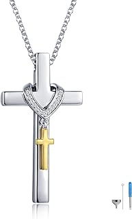 Unisex Sterling Silver Cross Urn Necklace with Cable Chain and Cubic Zirconia Accent, Memorial Keepsake Pendant for Men and Women