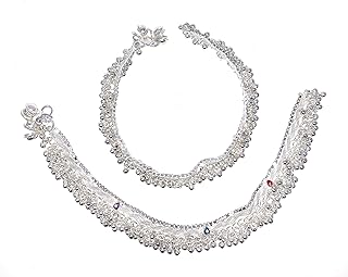 Duel On Jewel Ethnic Indian Silver Jhanjar Beads Payal Bells Anklet Pair in Multicolor Enamel For Women - Dance Bridal Wedding