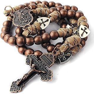Large and Heavy Antique Bronze Metal Beads Rugged Durable Paracord Rosary Necklace with St.Michael Center Piece and Pardon Crucifix for Men