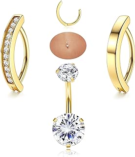 Clicker Clasp 14G Gold Hoop Belly Button Rings with Stainless Steel Chain for Women, Cubic Zirconia Design