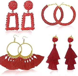 4 Pairs Red Earrings for Women Layered Tassel Earrings Bohemian Hoop Tassel Earrings Red Beaded Hoop Earrings