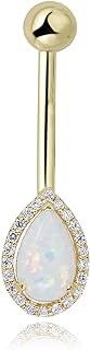 AVORA 10K Gold Pear-shaped Simulated Opal with Simulated Diamond CZ Halo Belly Button Ring Body Jewelry (14 Gauge)