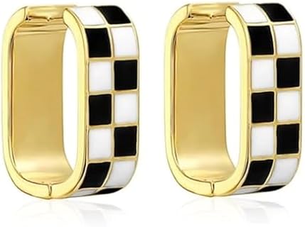 Dainty Checkered Oval Hoop Earrings,14K Real Gold Plated Chunky Hoop Earrings for Women